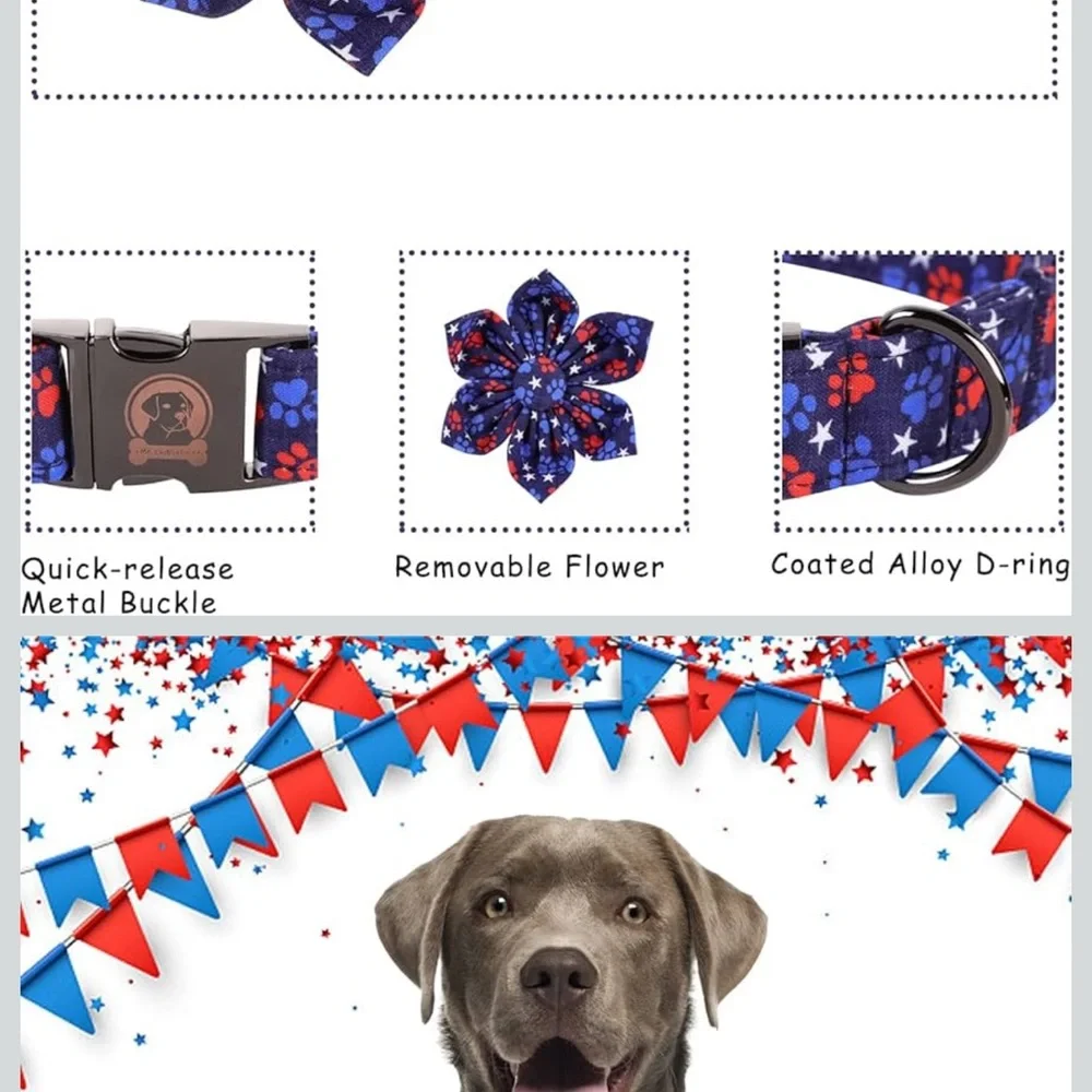 NWT Mr. Chubbyface 4th of July Dog Collar with Flower, XL Adjustable, - Picture 5 of 7